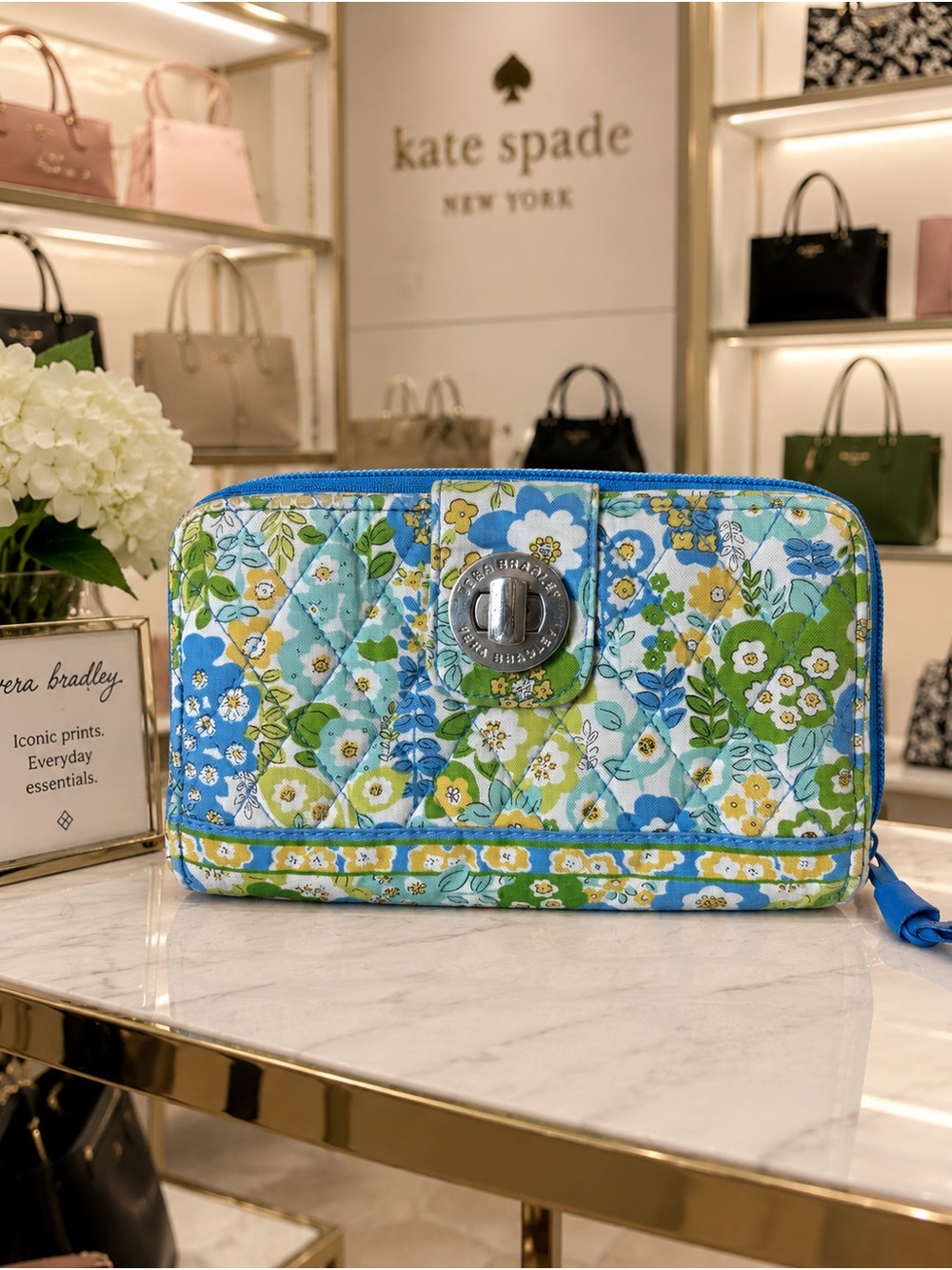 Vera Bradley Blue, Green & Yellow Quilted Floral Zip Wallet - Picture 1 of 9
